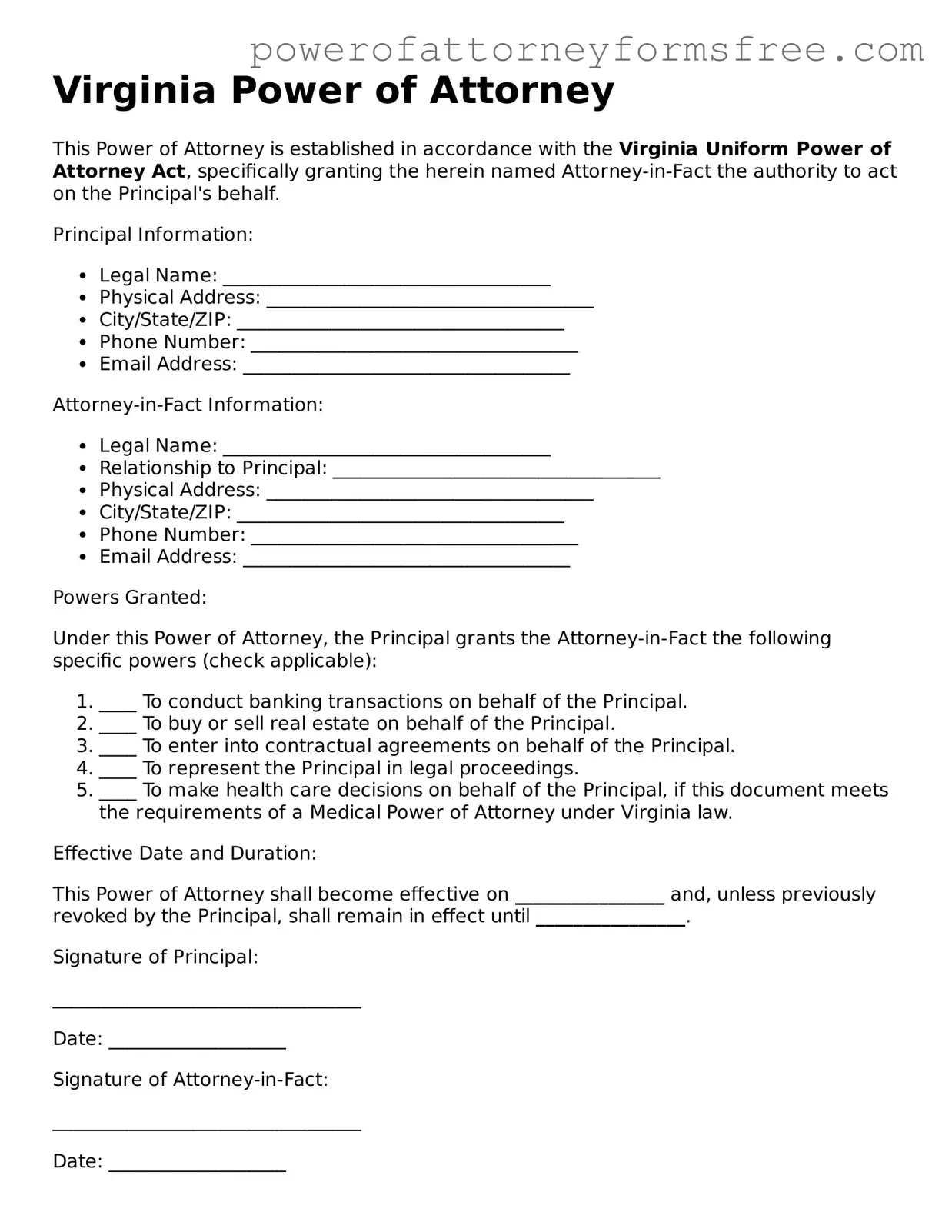 Fillable Power of Attorney Document for Virginia State