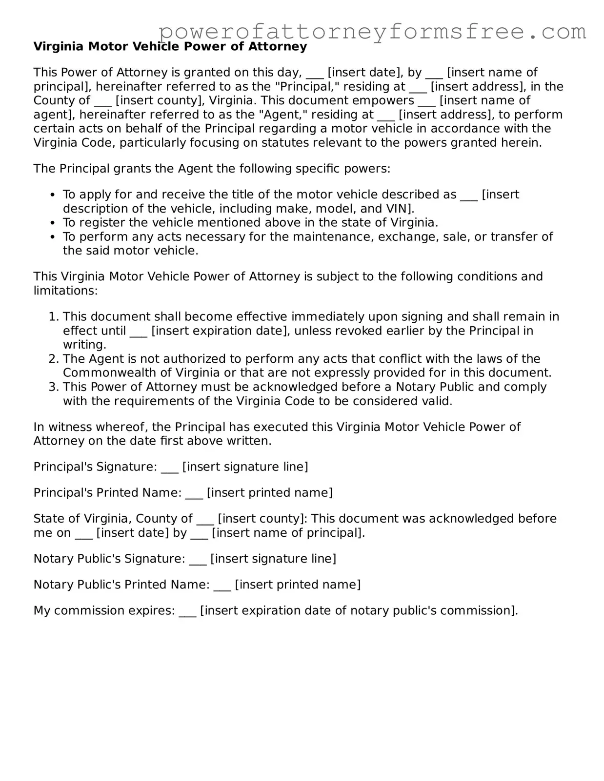 Fillable Motor Vehicle Power of Attorney Document for Virginia State