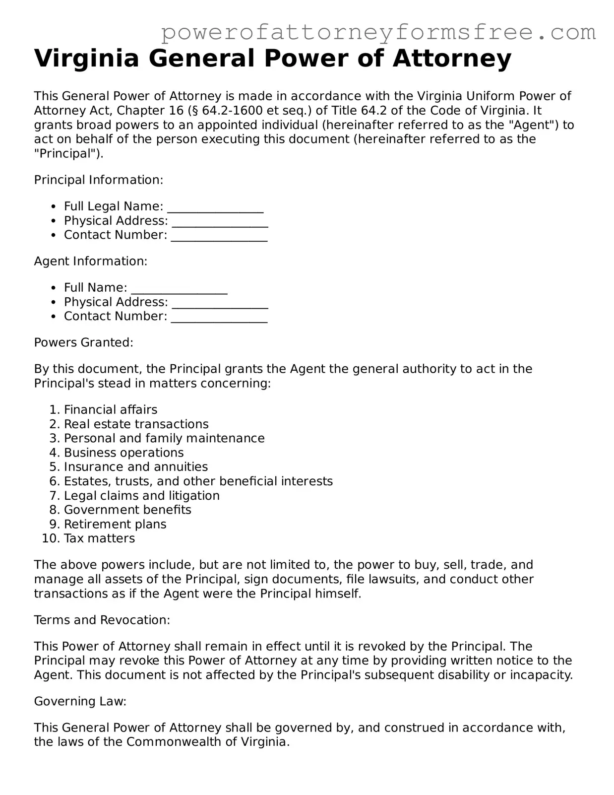 Fillable General Power of Attorney Document for Virginia State