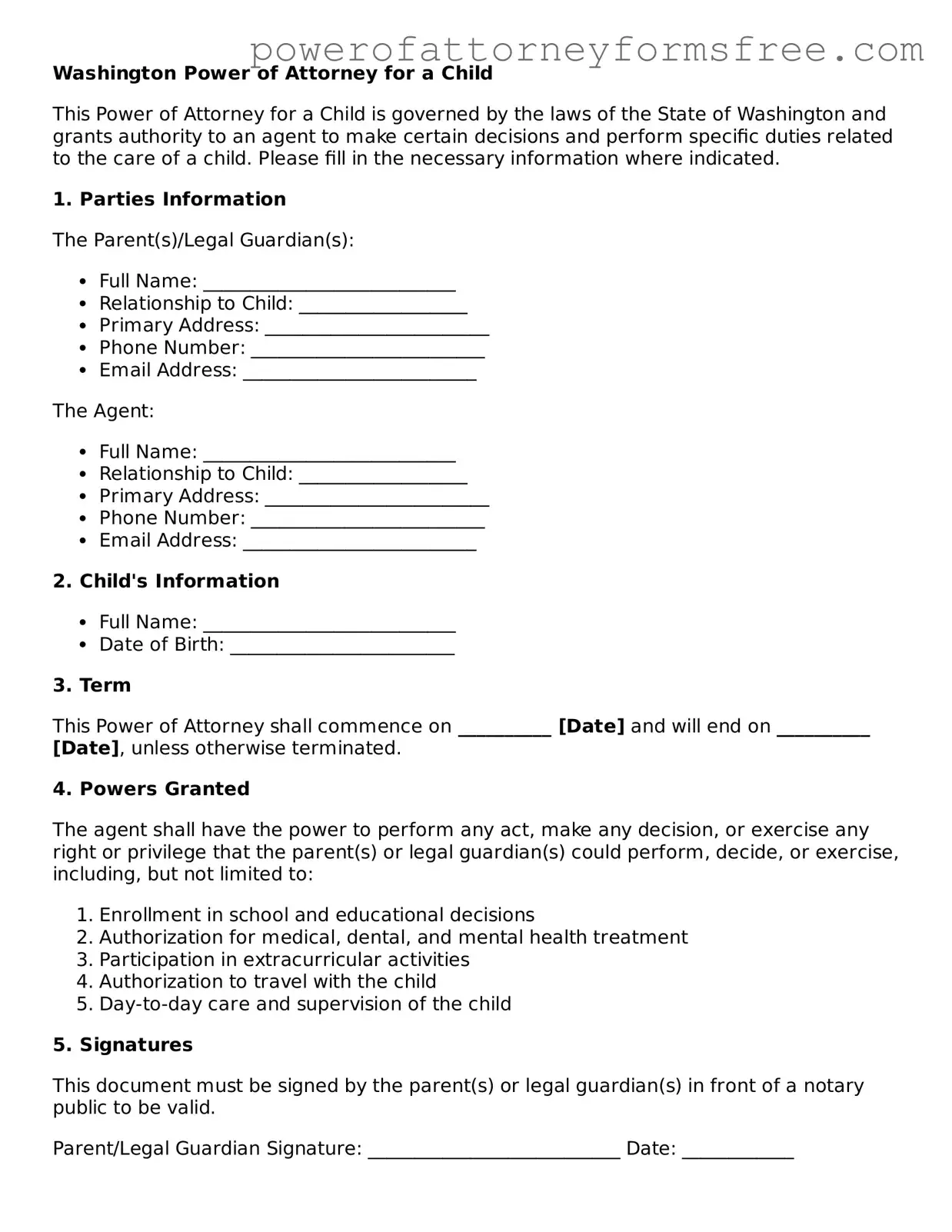 Fillable Power of Attorney for a Child Document for Washington State