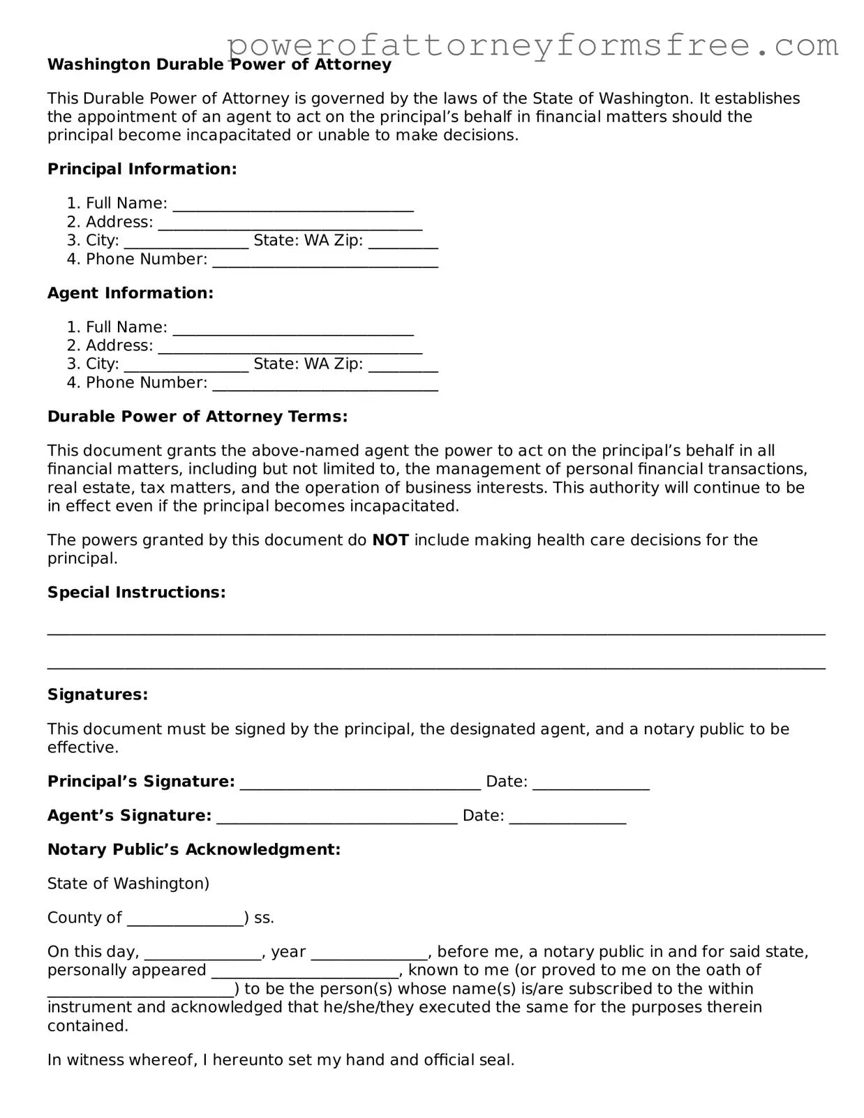 Fillable Durable Power of Attorney Document for Washington State