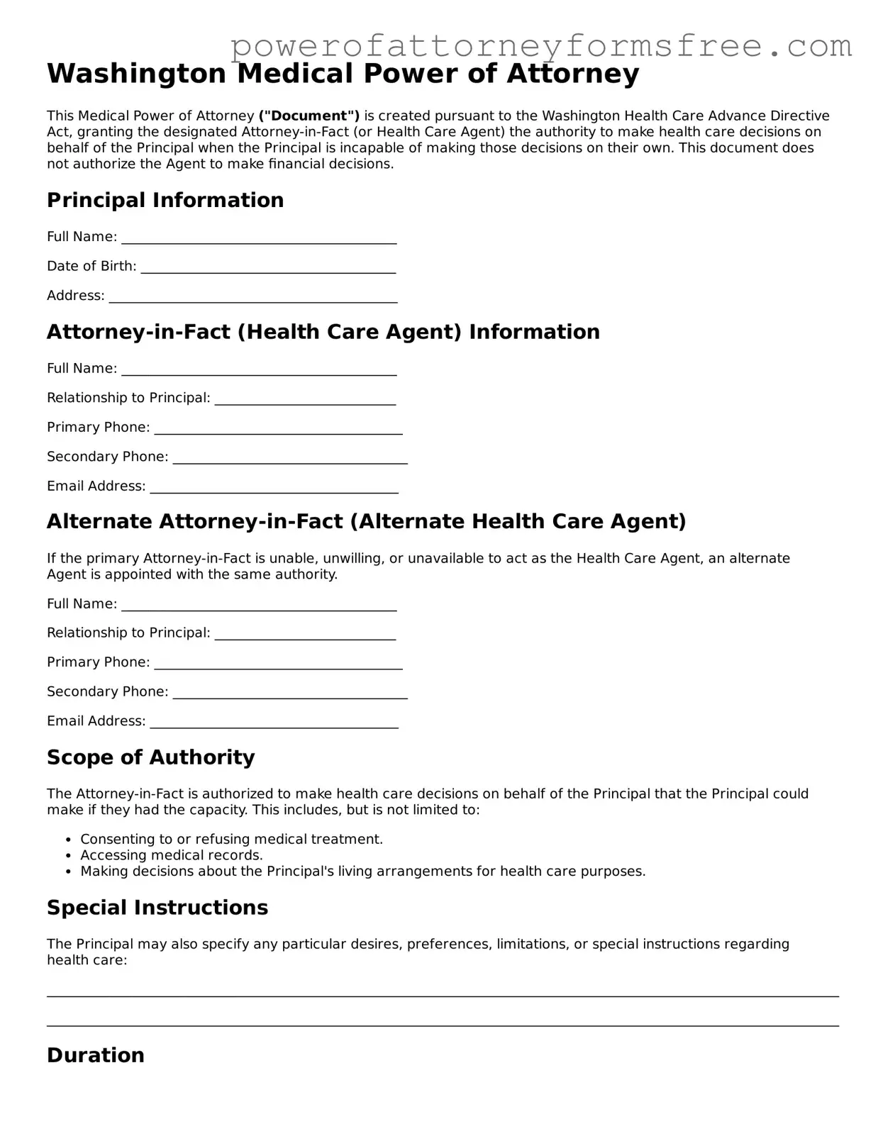 Fillable Medical Power of Attorney Document for Washington State