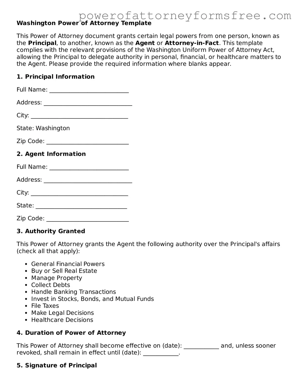 Fillable Power of Attorney Document for Washington State