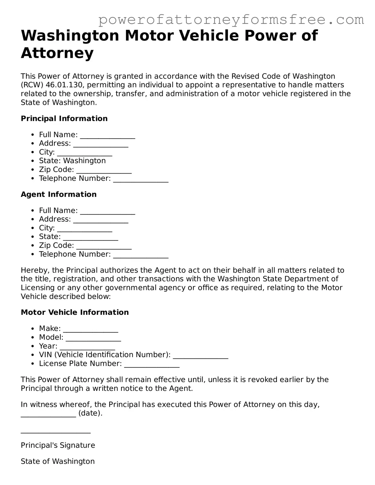 Fillable Motor Vehicle Power of Attorney Document for Washington State