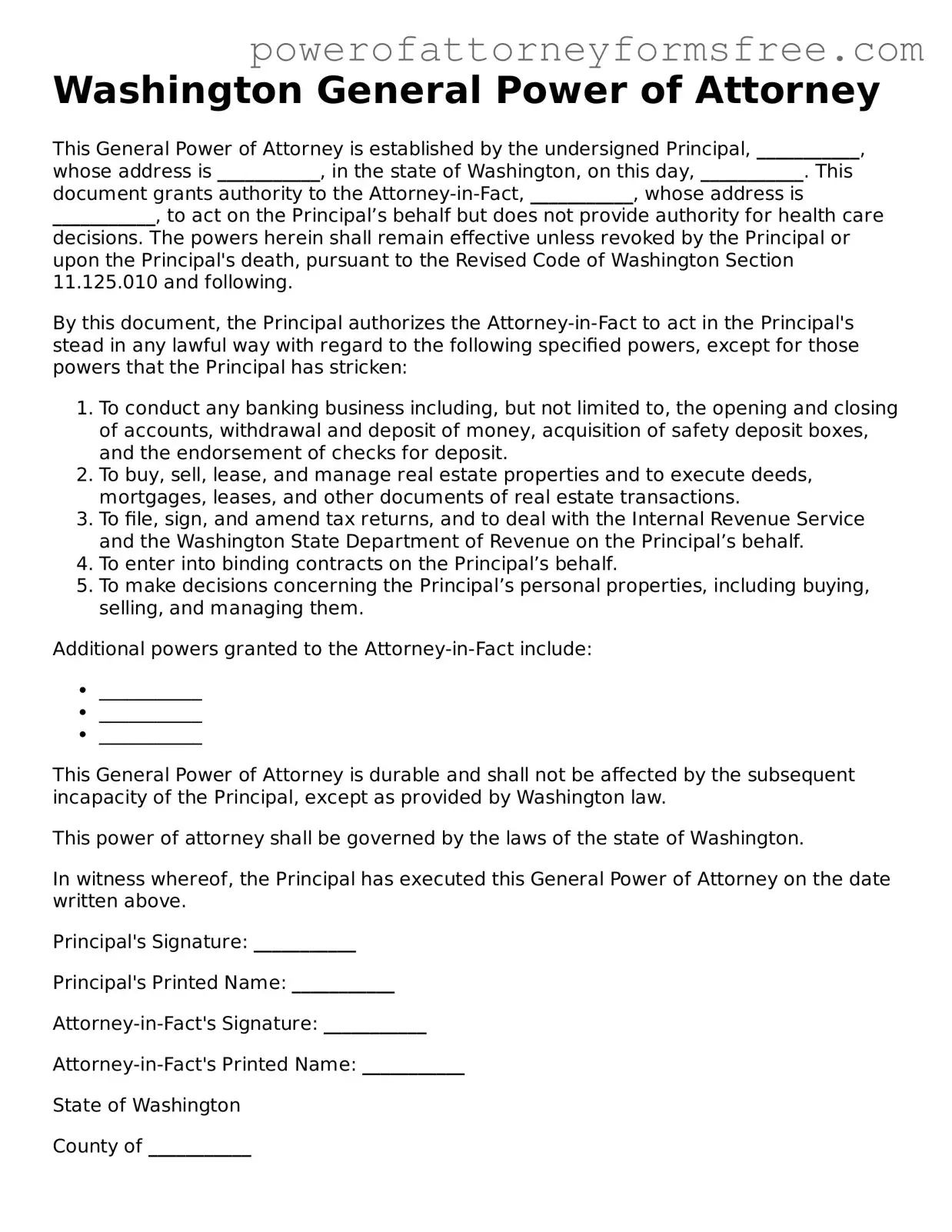 Fillable General Power of Attorney Document for Washington State