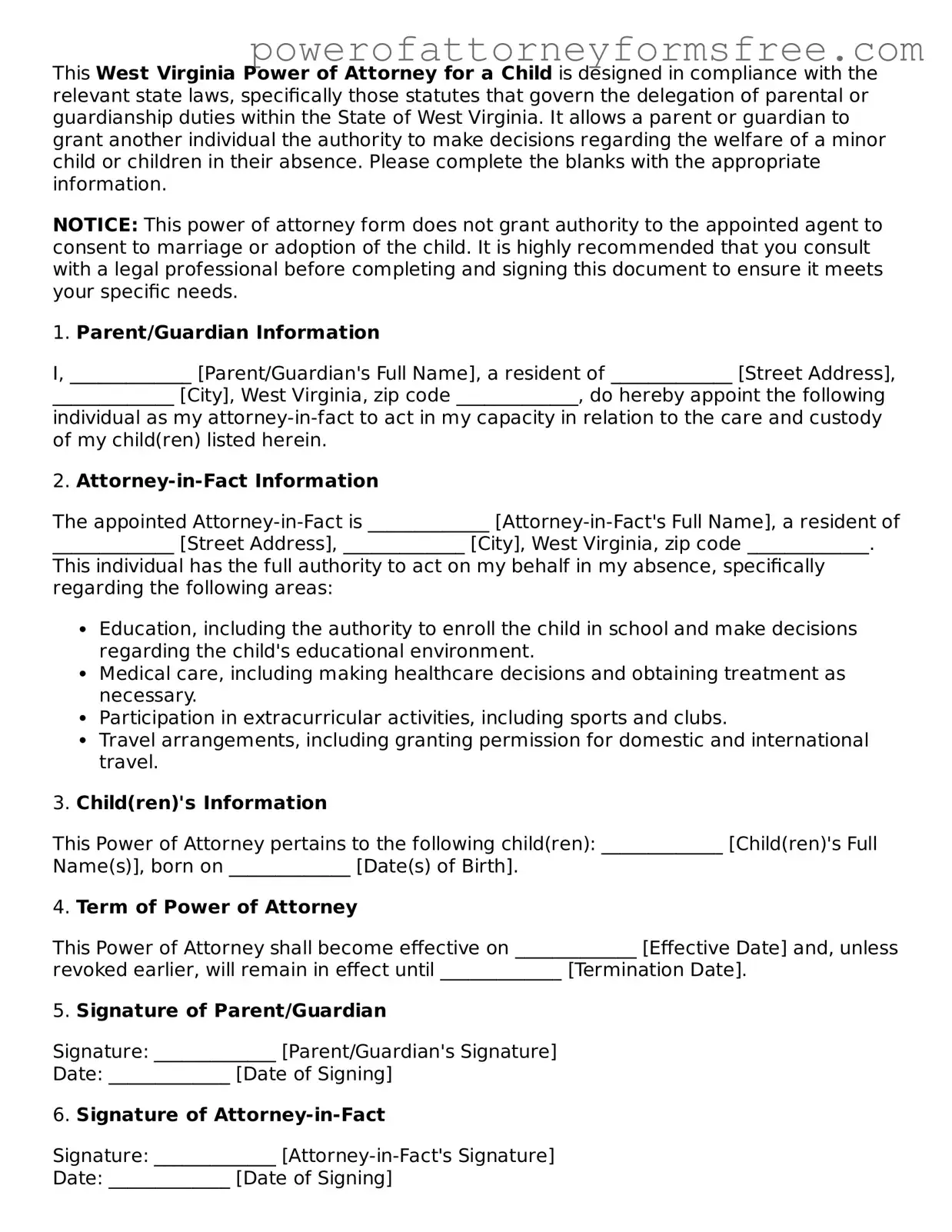 Fillable Power of Attorney for a Child Document for West Virginia State