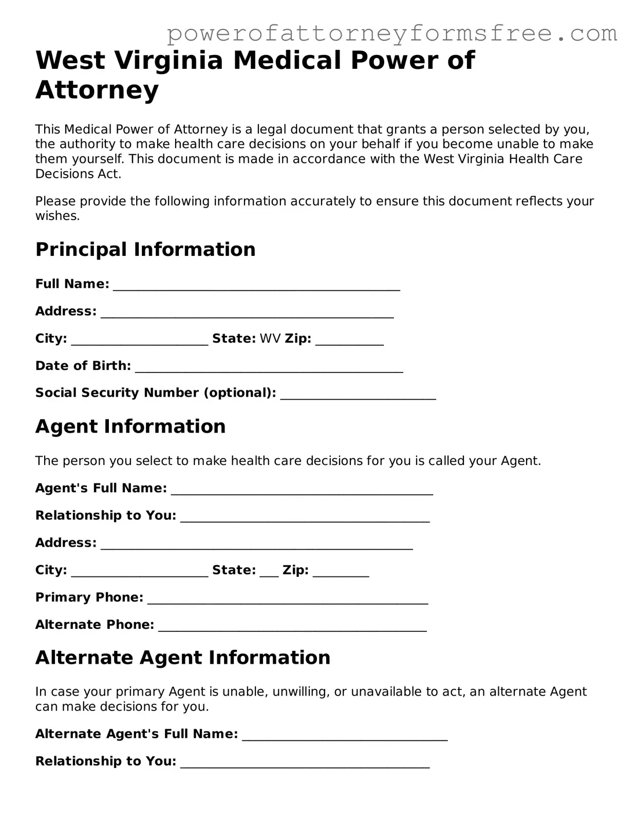 Fillable Medical Power of Attorney Document for West Virginia State