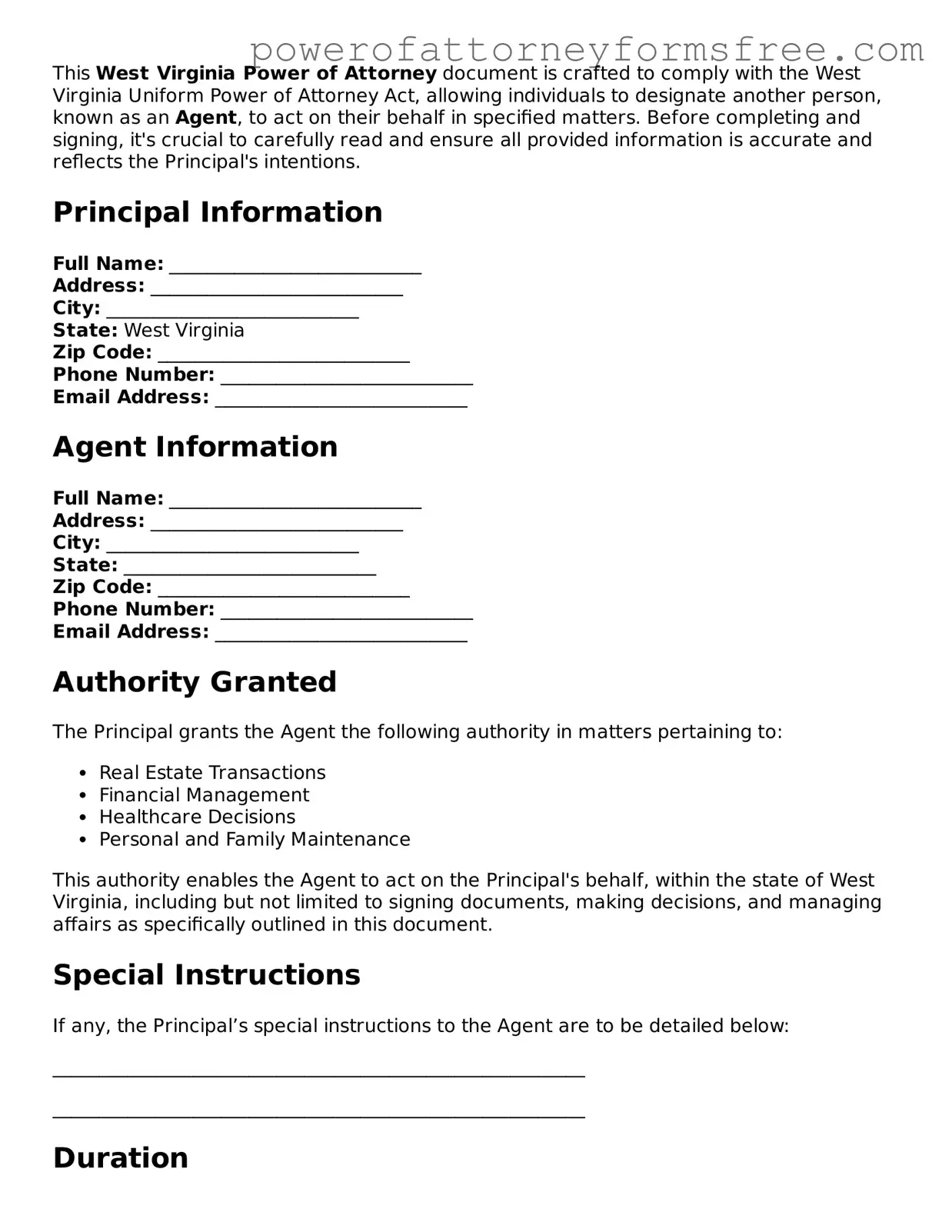 Fillable Power of Attorney Document for West Virginia State