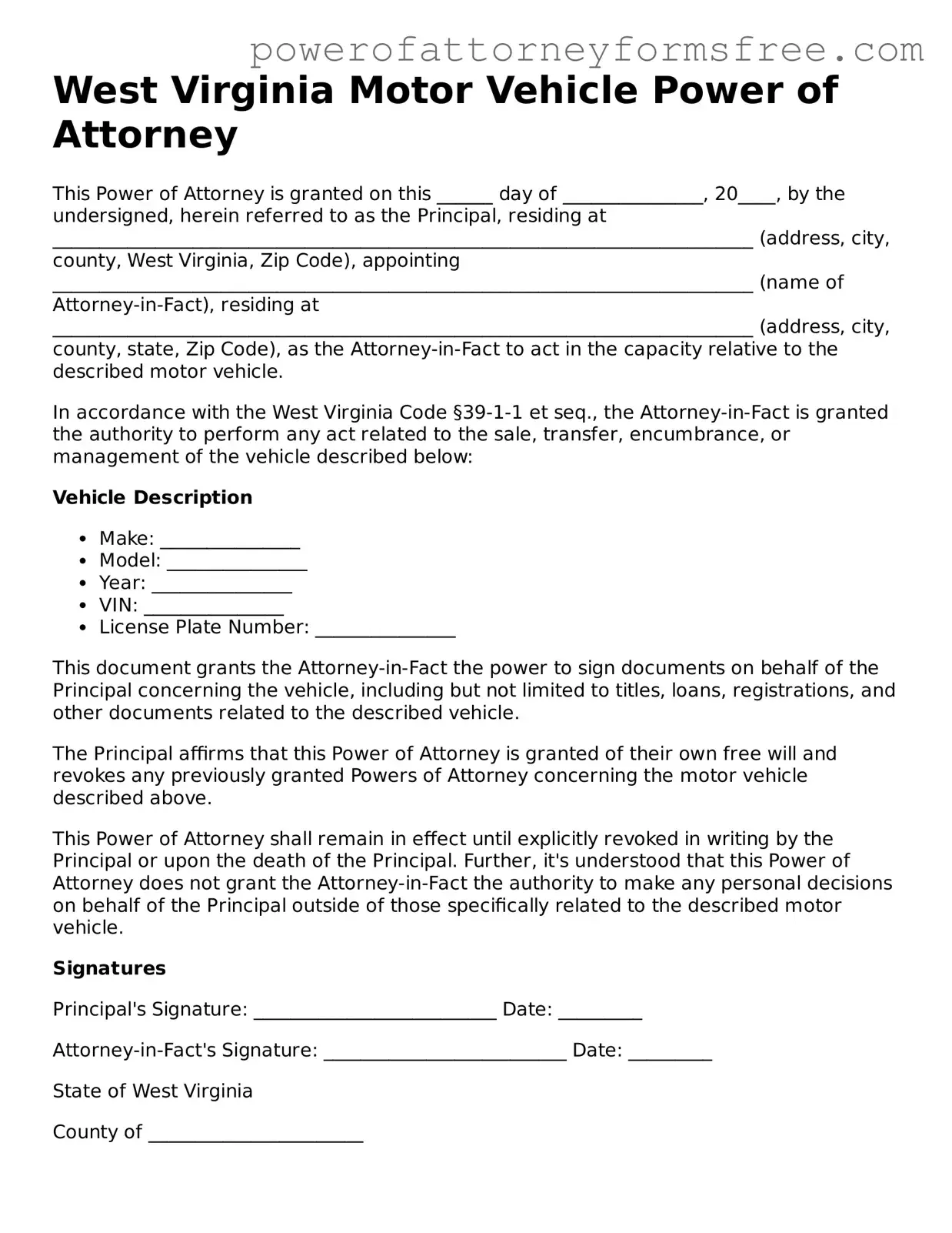 Fillable Motor Vehicle Power of Attorney Document for West Virginia State
