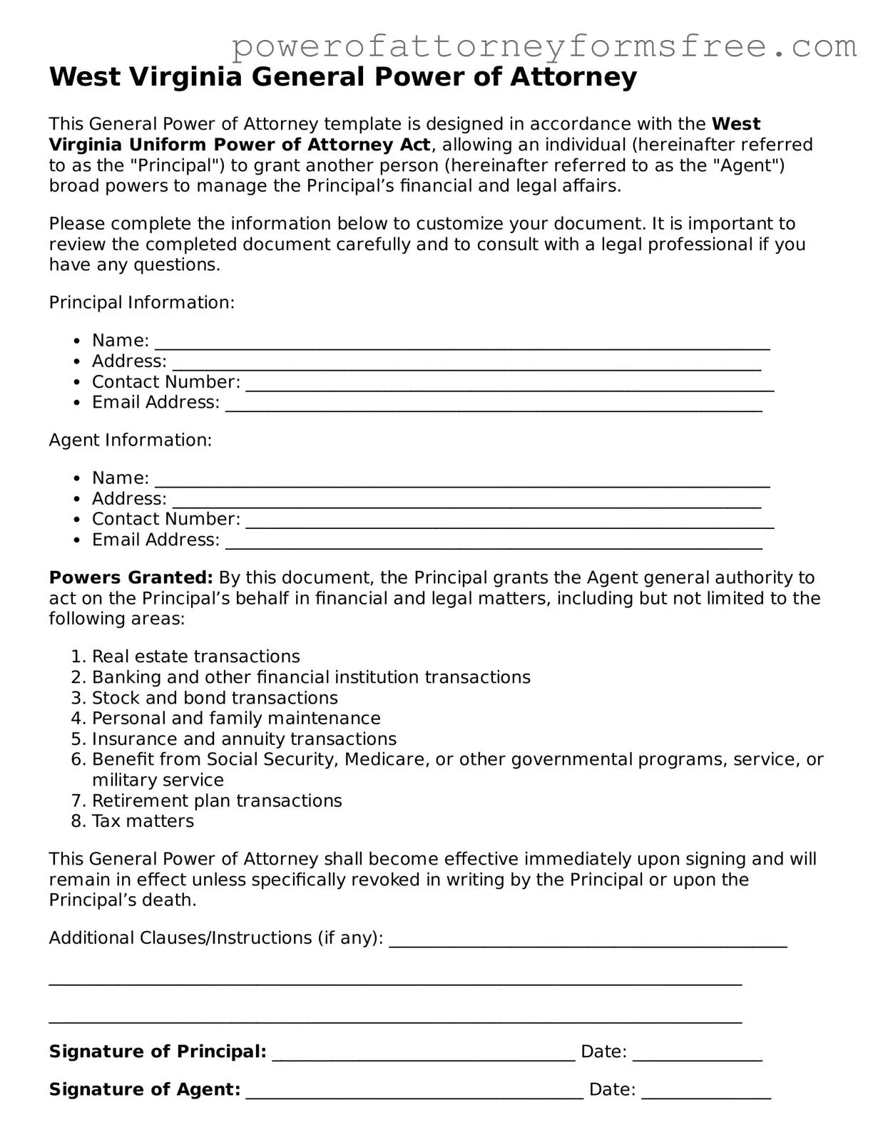 Fillable General Power of Attorney Document for West Virginia State