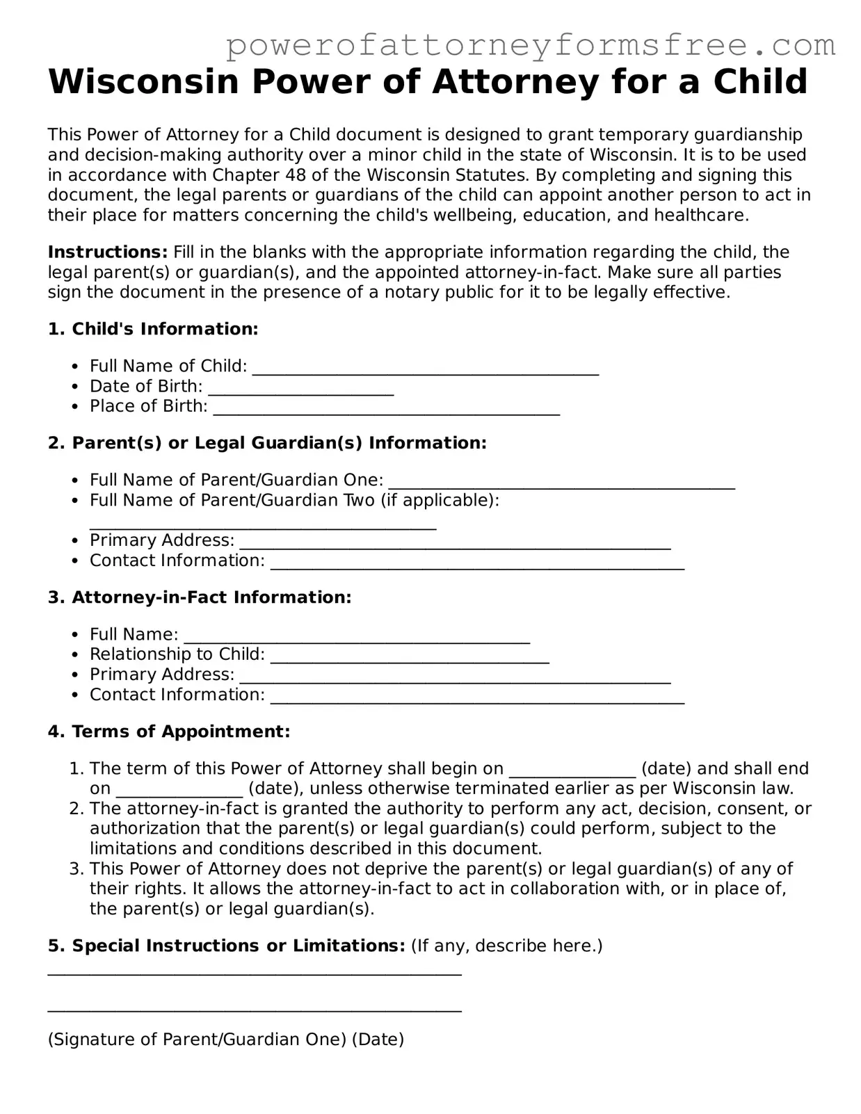 Fillable Power of Attorney for a Child Document for Wisconsin State