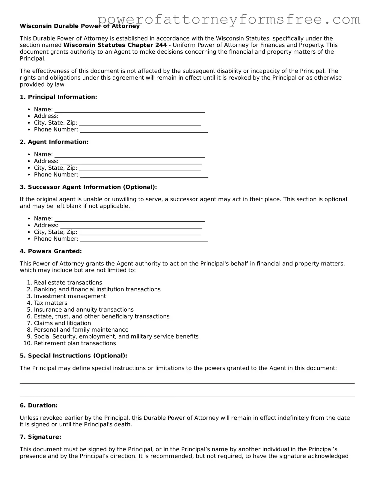 Fillable Durable Power of Attorney Document for Wisconsin State