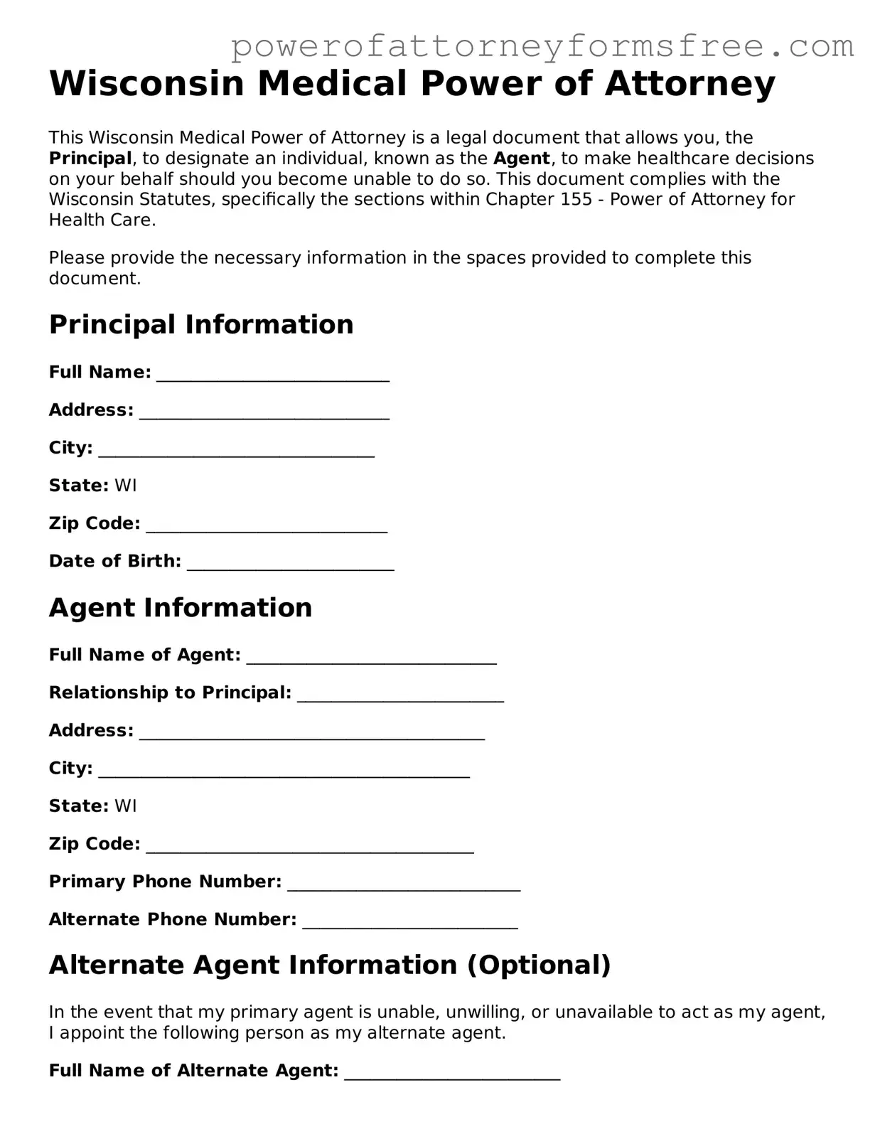 Fillable Medical Power of Attorney Document for Wisconsin State