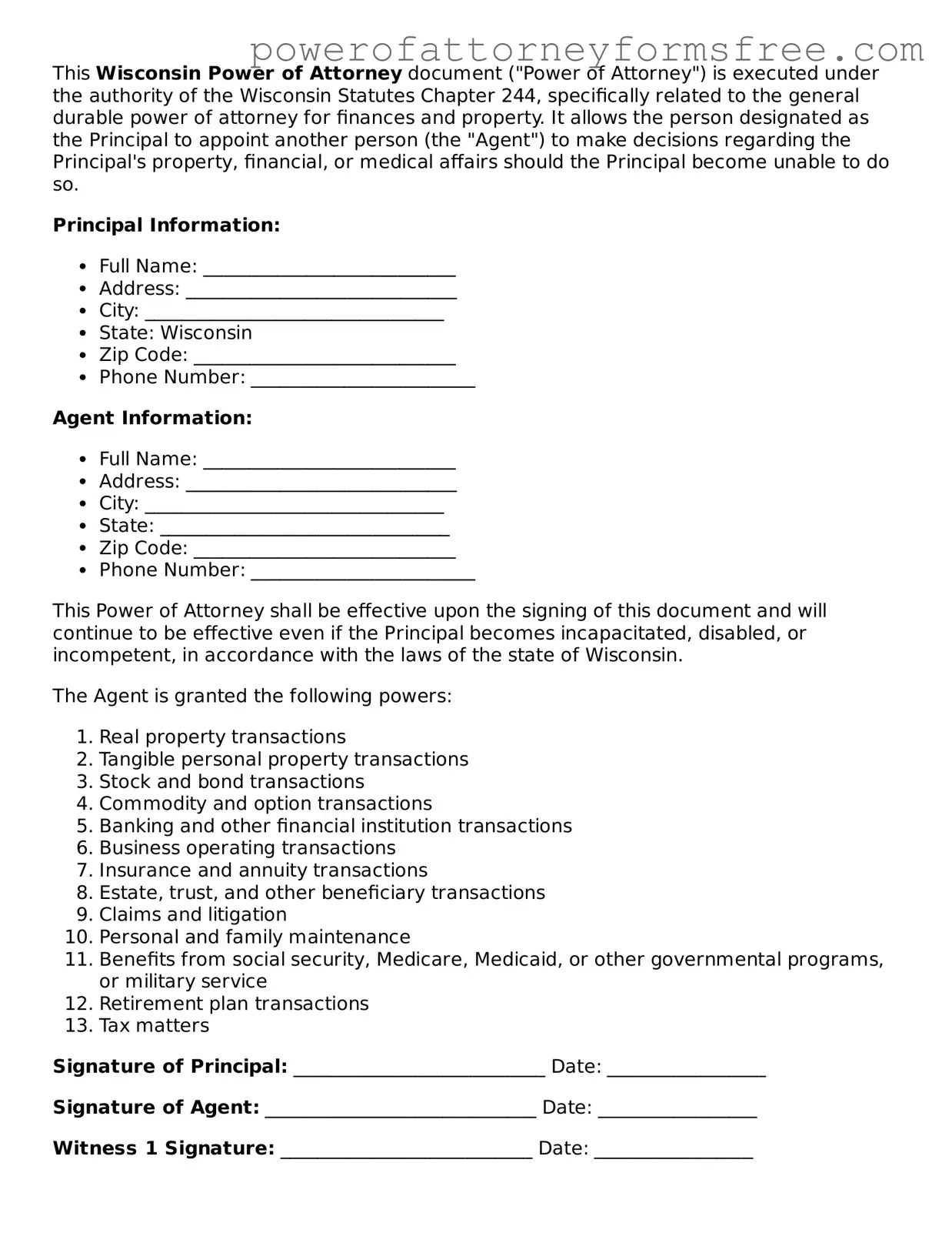 Fillable Power of Attorney Document for Wisconsin State