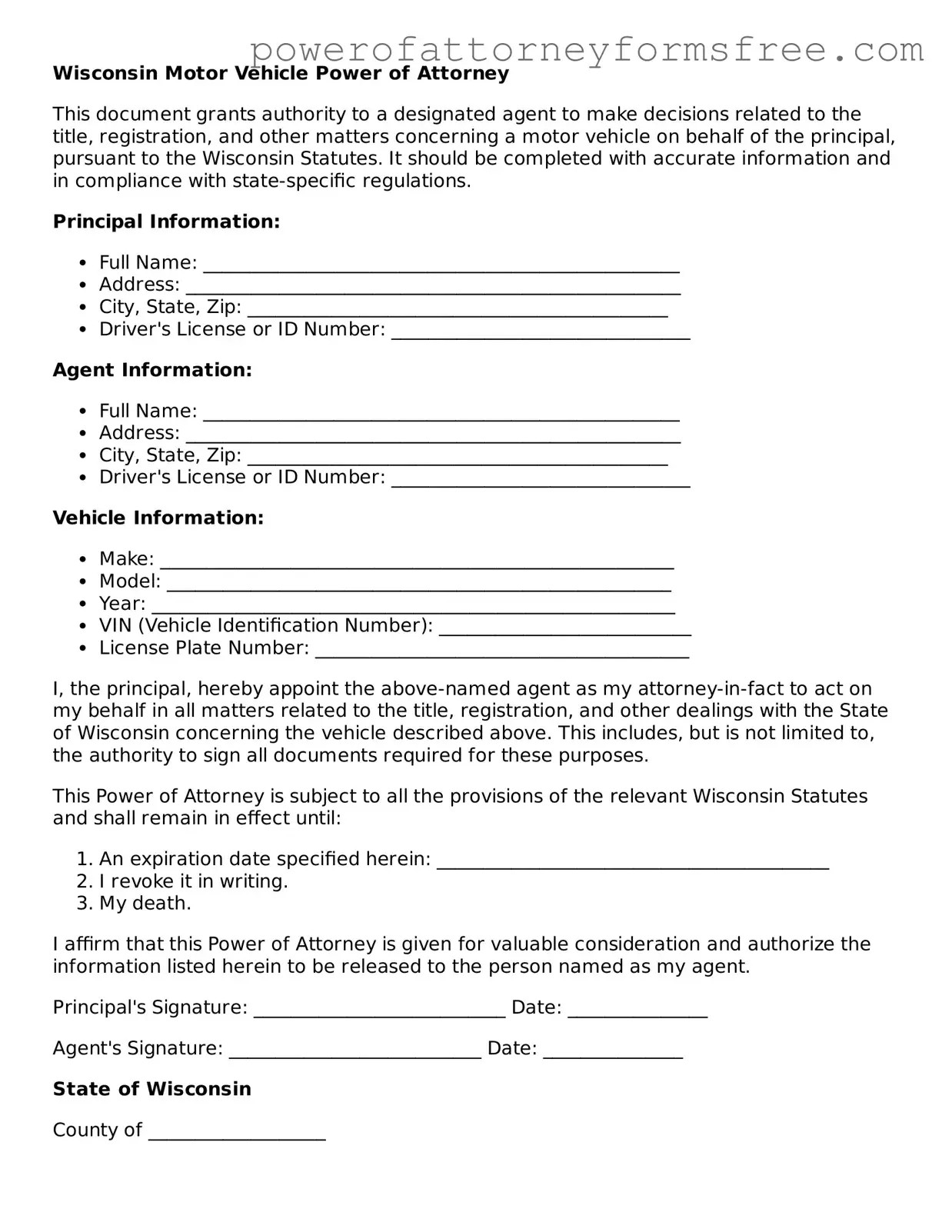 Fillable Motor Vehicle Power of Attorney Document for Wisconsin State