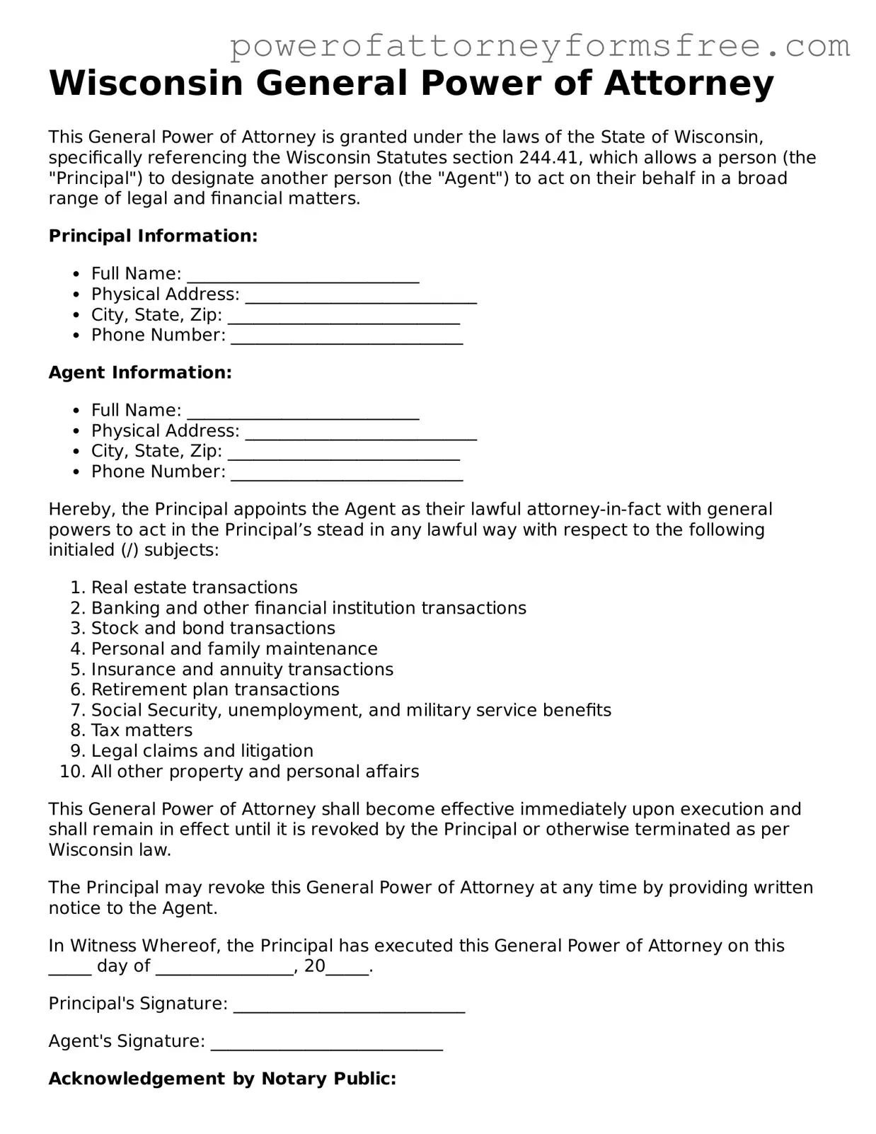 Fillable General Power of Attorney Document for Wisconsin State