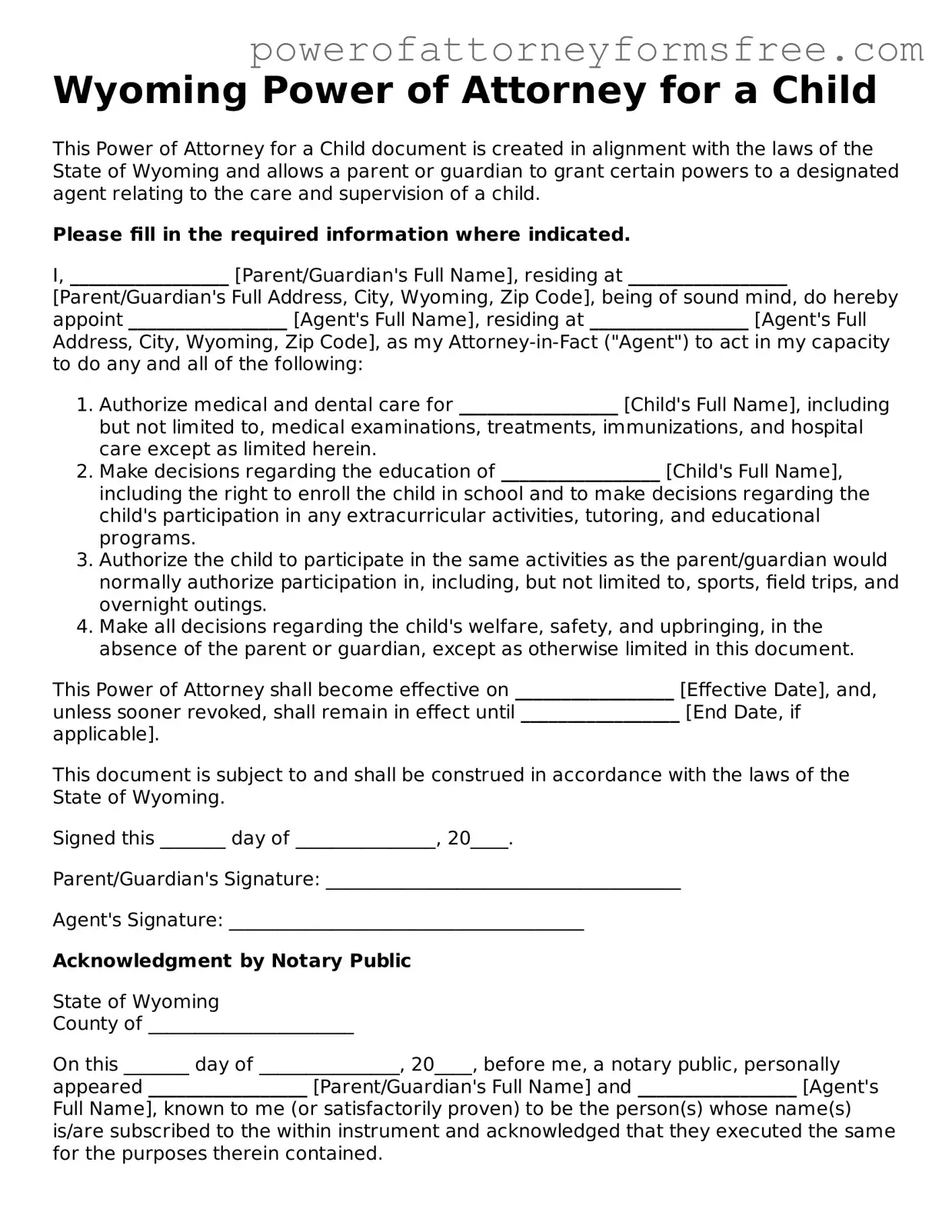 Fillable Power of Attorney for a Child Document for Wyoming State