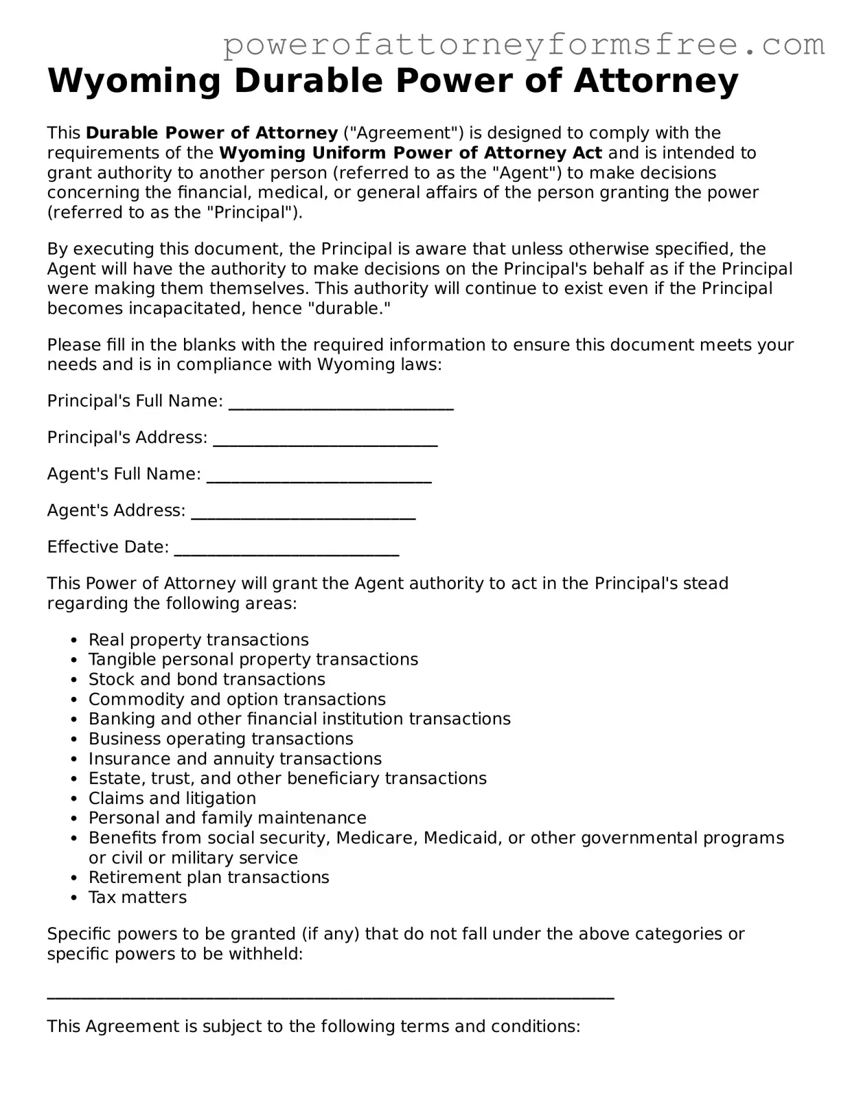 Fillable Durable Power of Attorney Document for Wyoming State