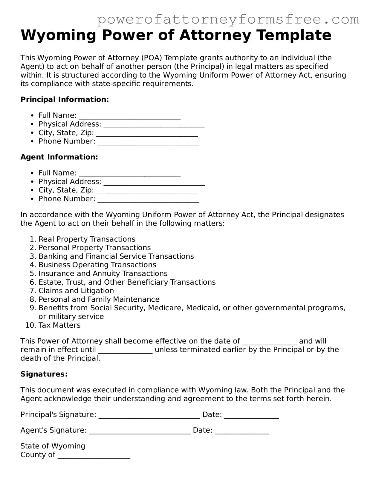 Fillable Power of Attorney Document for Wyoming State