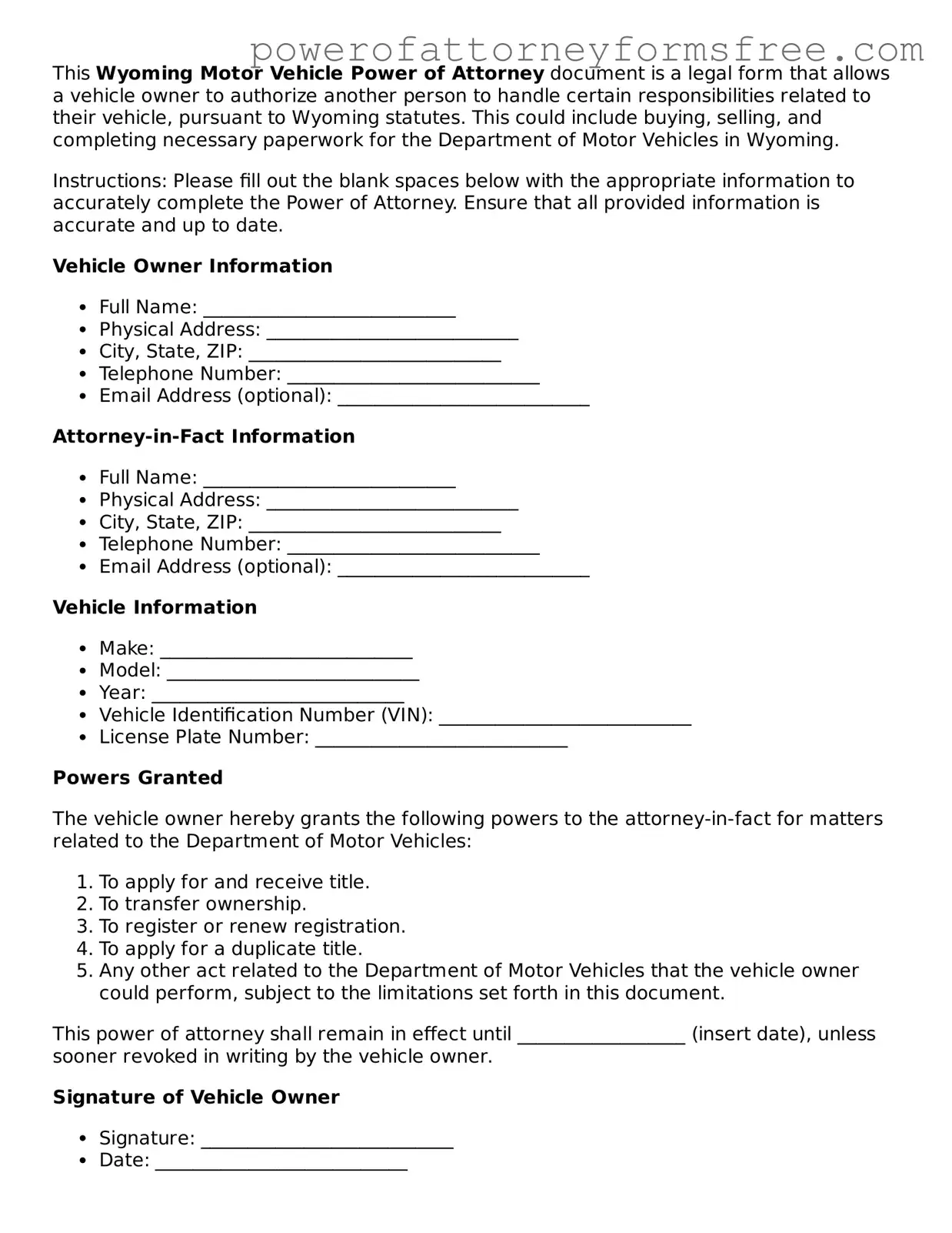 Fillable Motor Vehicle Power of Attorney Document for Wyoming State