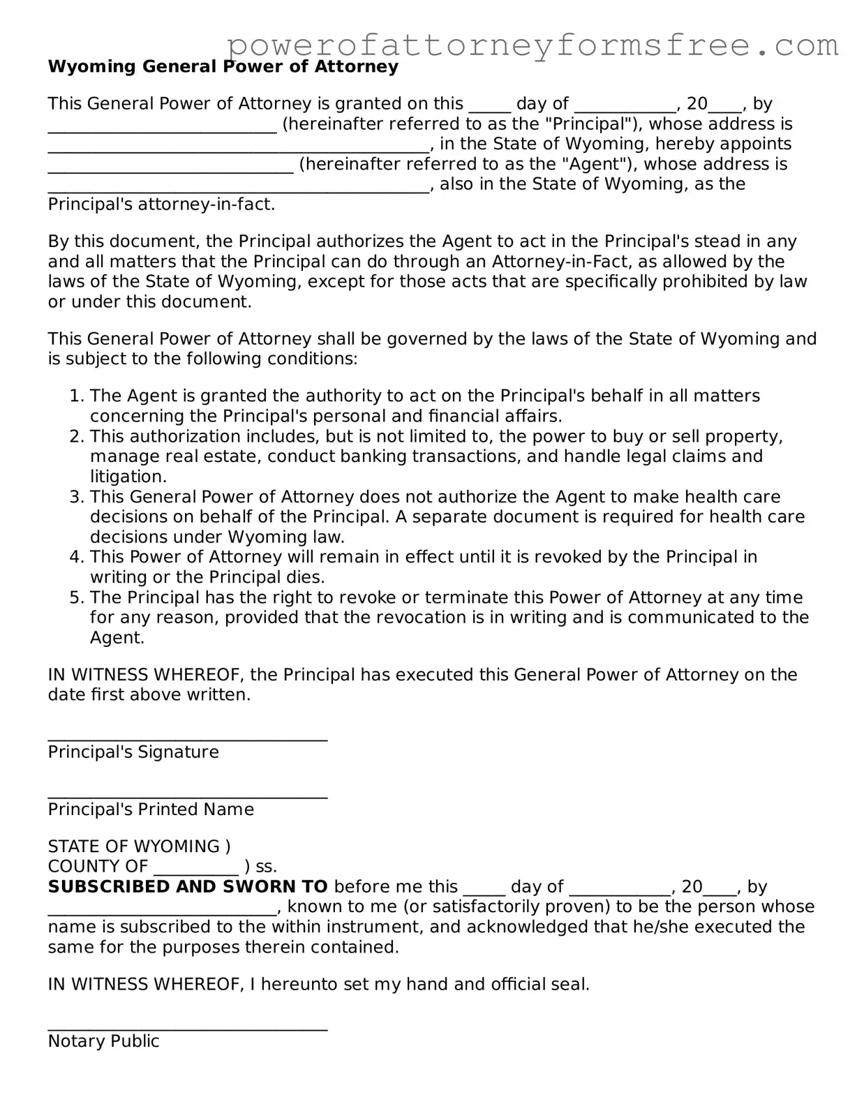 Fillable General Power of Attorney Document for Wyoming State